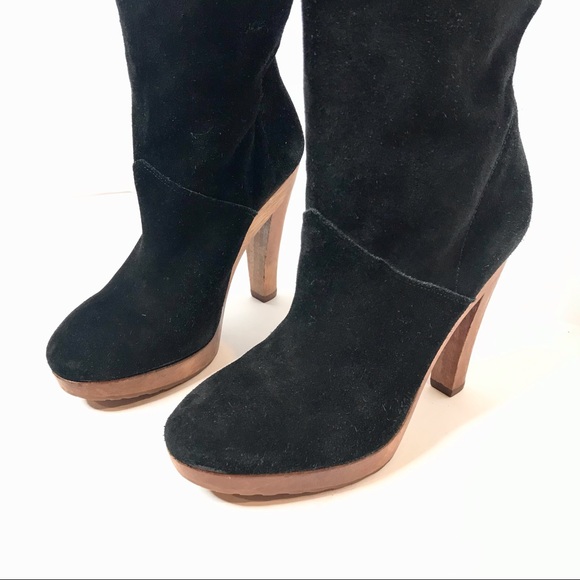 KORS Tall Black Suede Genuine Wood Platform Boots - Picture 11 of 15